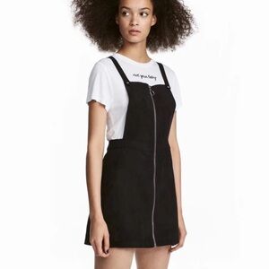 H&M Faux Suede Zip Up Jumper Pinafore Overall Mini Dress Black (4)